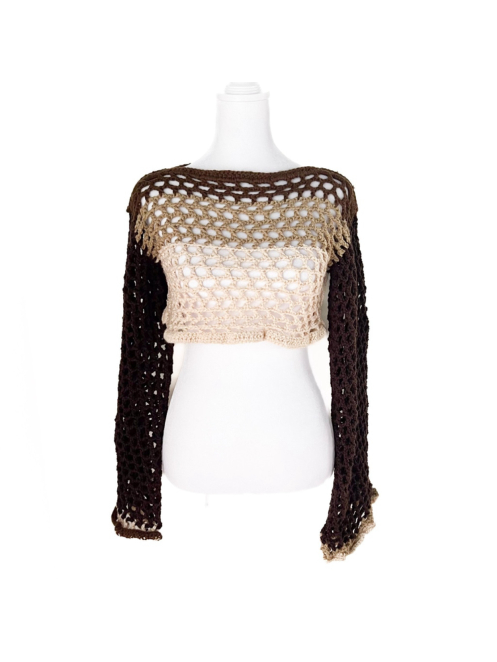 Handmade Crochet Chunky Bell Sleeve Shell Crop Top Brown S Boho Fairy Y2K Grunge